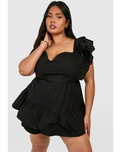 Boohoo Plus Cotton Poplin Ruffle Sleeve Smock Top - Black