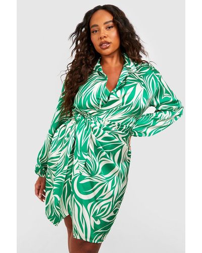 Boohoo Plus Zebra Satin Wrap Midi Dress - Green