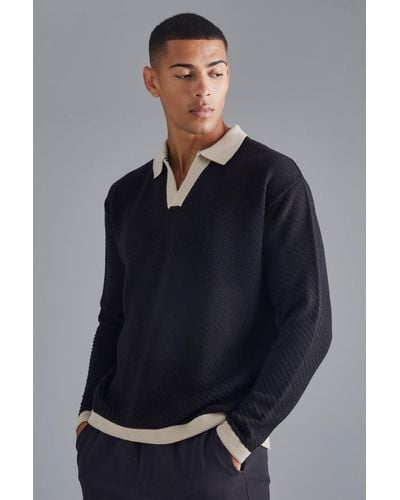 BoohooMAN Long Sleeved Oversized Contrast Collar Knitted Polo - Blue