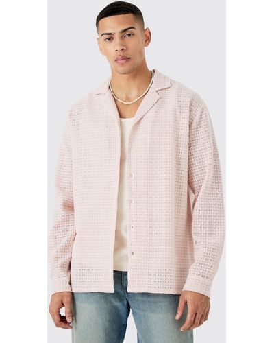 BoohooMAN Open Weave Long Sleeve Oversized Shirt - Pink