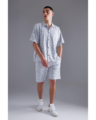 Boohoo Paisley Jacquard Shirt & Short Set - Gray