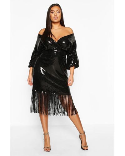 Boohoo Plus Sequin Off The Shoulder Wrap Midi Dress - Black
