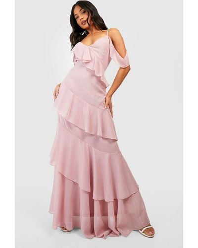 Boohoo Petite Asymmetric Chiffon Tiered Ruffle Maxi Dress - Pink