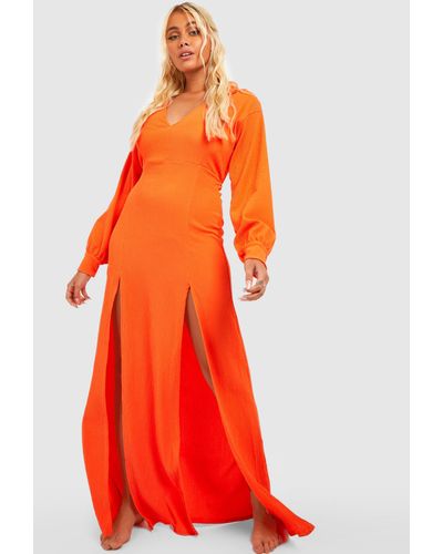Boohoo Crinkle Split Maxi Beach Shirt Dress - Orange