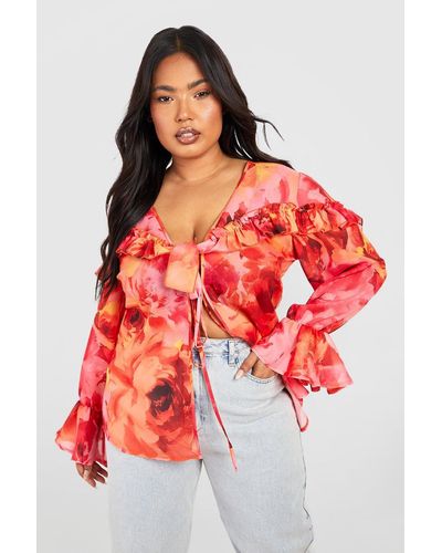 Boohoo Plus Floral Ruffle Detail Tie Front Blouse - Red