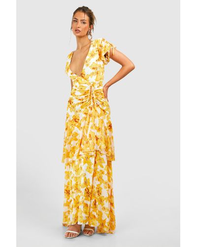 Boohoo Floral Print Ruched Detail Maxi Dress - Metálico