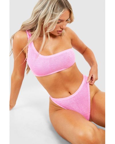 Boohoo Premium Crinkle One Shoulder Thong Bikini Set - Pink