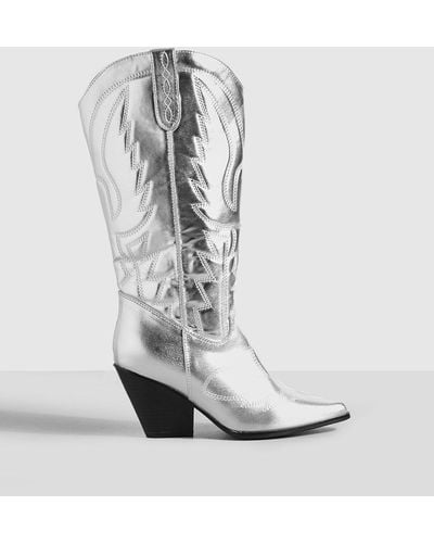 Boohoo Wide Fit Metallic Knee High Western Cowboy Boots - White