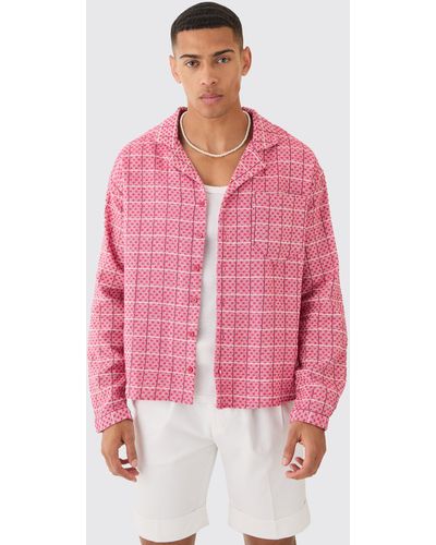 BoohooMAN Long Sleeve Boxy Textured Grid Flannel Shirt - Pink