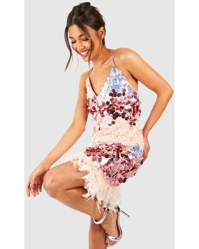 Boohoo Ombre Sequin Feather Slip Party Dress - Pink
