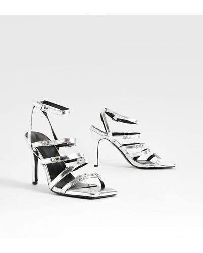Boohoo Diamante Bow Detail Multi Strap Heels - White