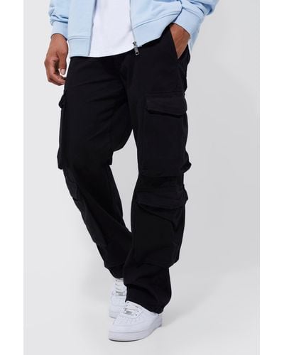Boohoo Fixed Waist Relaxed Peached Twill 3d Cargo Pants - Blue