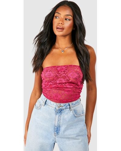 Boohoo Lace Ruched Tube Top - Red