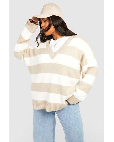 Boohoo Plus V Neck Stripe Sweater - Multicolour