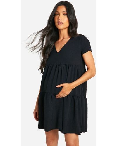 Boohoo Maternity Dobby Short Sleeve Tiered Smock Dress - Black