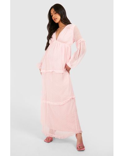 Boohoo Maternity Dobby Mesh Ruffle Maxi Dress - Pink