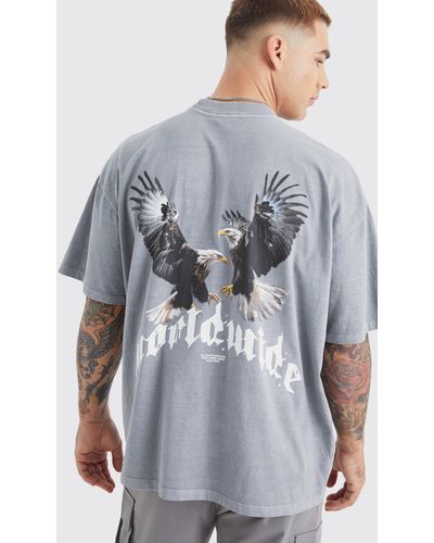 Boohoo Camiseta Oversize Sobreteñida Con Cuello Extendido Y Estampado Gráfico De Águila - Gris