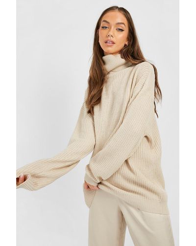 Boohoo Oversized Turtleneck Rib Knitted Sweater - Natural