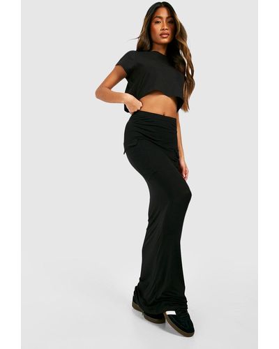 Boohoo Jersey Knit Split Maxi Cargo Skirt - Black