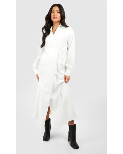 Boohoo Maternity Wrapover Textured Midaxi Dress - White