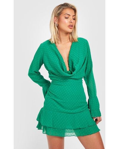 Boohoo Dobby Ruffle Cowl Neck Shift Dress - Green