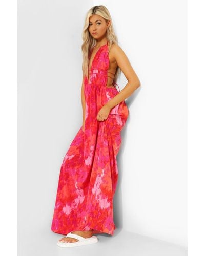 Boohoo Tall Tie Dye Plunge Front Maxi Dress - Red