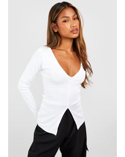 Boohoo Basic Rib V Neck Top - White