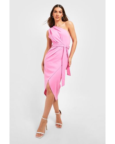 Boohoo One Shoulder Pleat Detail Midi Dress - Pink