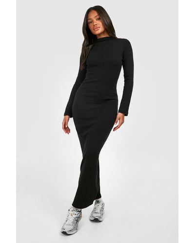 Boohoo Funnel Neck Long Sleeve Rib Maxi Dress - Black