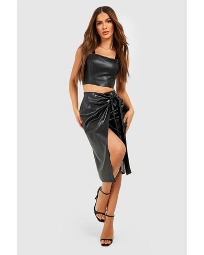 Boohoo Leather Look Tie Wrap Midi Skirt - Black