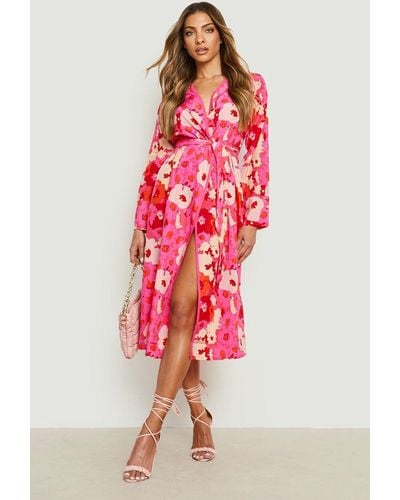 Boohoo Bright Floral Belted Kimono - Red
