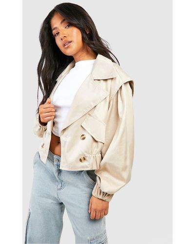 Boohoo Petite Oversized Shoulder Detail Crop Trench - White