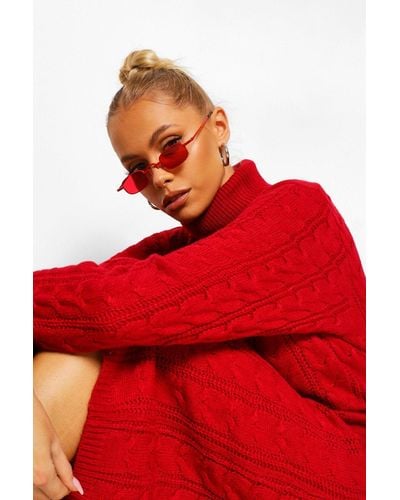 Boohoo Turtleneck Cable Sweater Dress - Red