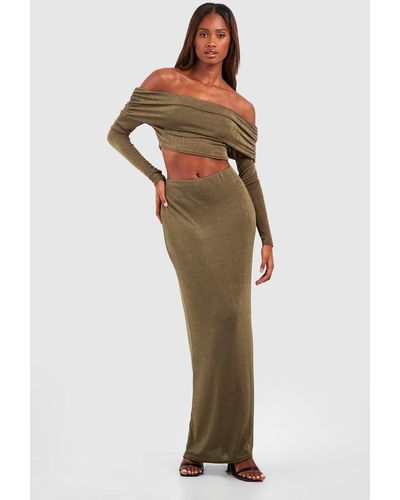 Boohoo Acetate Slinky Asymmetric Ruched Top & Ruched Maxi Skirt in