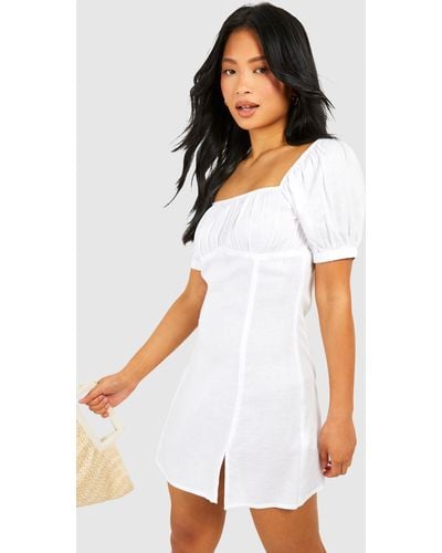 Boohoo Petite Linen Milkmaid Mini Dress - White