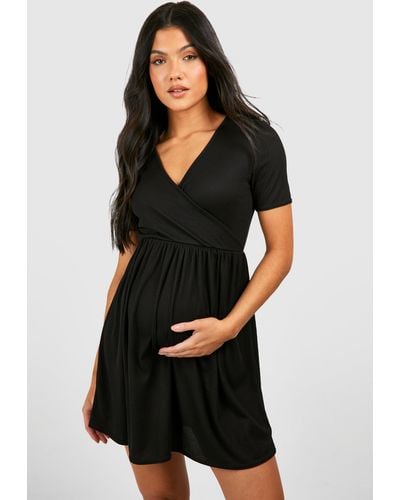 Boohoo Maternity Soft Rib V Neck Smock Dress - Black