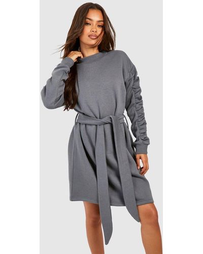 Boohoo Ruched Sleeve Sweater Dress - Gray