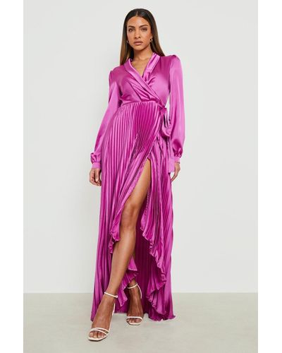 Boohoo Satin Pleated Wrap Belted Maxi Dress - Pink