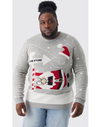 BoohooMAN Plus To The Pub Christmas Sweater - Gray