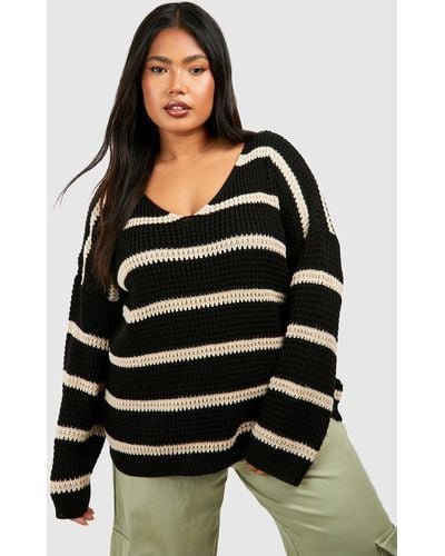 Boohoo Plus Chunky Oversized Stripe V Neck Sweater - Black