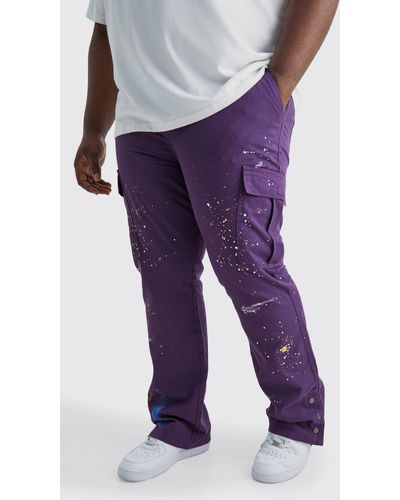 BoohooMAN Plus Slim Flare Popper Hem Paint Splatter Cargo Trouser - Purple