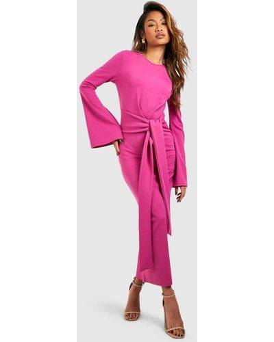 Boohoo Knot Front Flared Sleeve Crepe Midaxi Dress - Pink