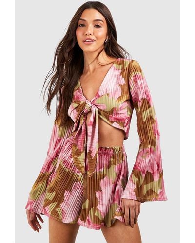 Boohoo Floral Plisse Flared Sleeve Tie Front Blouse