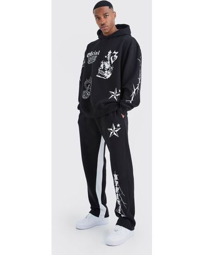 BoohooMAN Oversized Graffiti Gusset Hooded Tracksuit - Blue