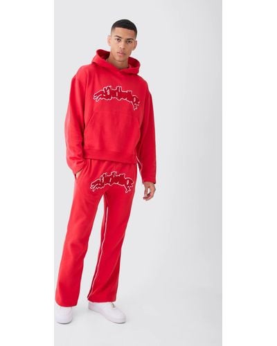 BoohooMAN Oversized Boxy Applique Zip Gusset Tracksuit - Rot