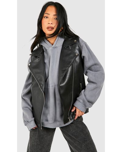 Boohoo Petite Faux Leather Sleeveless Biker Jacket - Gray