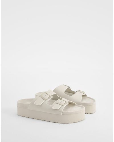 Boohoo Platform Double Strap Footbed Buckle Sliders - White