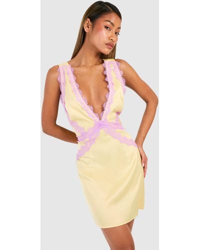 Boohoo Lace Trim Satin Mini Slip Dress - Yellow