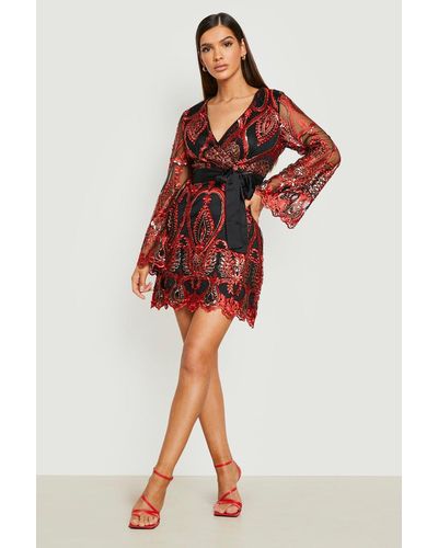 Boohoo Damask Wrap Skater Party Dress - Red