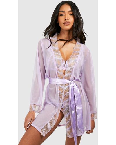 Boohoo Lace Edge Mesh Robe - White